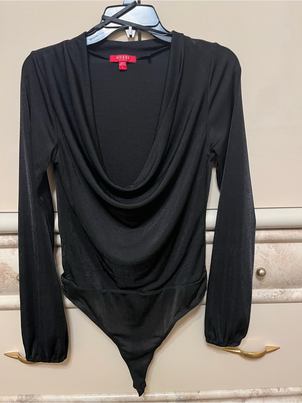 GUESS Black Draped Cowl-Neck Long Sleeve Bodysuit